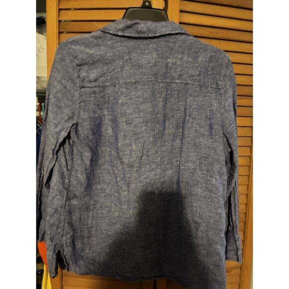 Foxcroft NYC Women’s Linen Button Down Shirt Blue Split Neck Side Slit Blouse Me - Picture 4 of 7